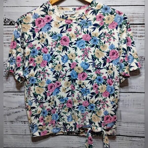 Vicki Wayne Floral Tie Shirt‎ size Large 90's Y2K Flowers Cropped Maximalist
